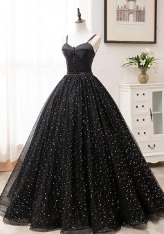 Sweatheart A Line Black Tulle Long Prom Dress