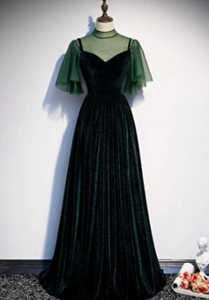 Floor Length Deep Green Velvet Prom Dress With Cap Sleeve