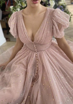 Shiny Sequins V Neck Pink Tulle Tea Length Formal Evening Dress