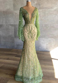 Sexy V Neck Green Sequin Prom Dress With Long Sleeve