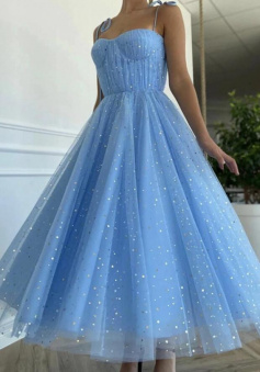 Spaghetti Straps Blue Tea Length Tulle Prom Dress