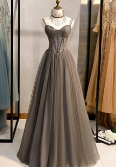 A Line Grey Tulle Long Party Dress Prom Dress