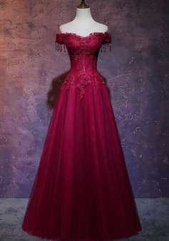 Beautiful A-line Wine Red Tulle Sweetheart Long Prom Dress