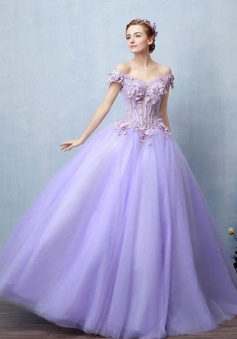 A Line Light purple tulle lace long sweet 16 dress