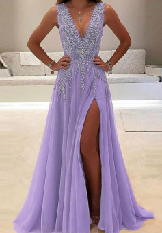 Simple long lilac tulle evening dress with beading