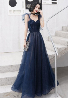 A Line Dark blue sweetheart tulle formal dress