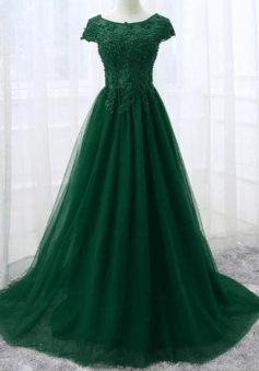 Elegant Cap Sleeve Tulle Prom Dresses With Lace Applique