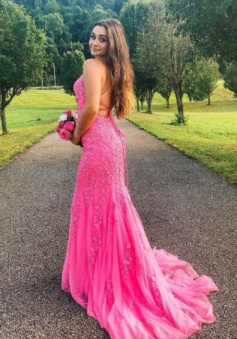 Mermaid bright pink tulle lace appliqued long evening dress