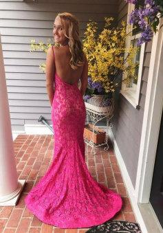 Mermaid Pink Open Back Lace Prom Dresses