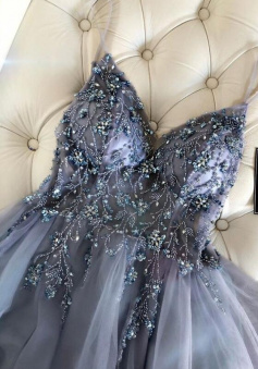 Spaghetti Straps luxury grey prom dresses with beading