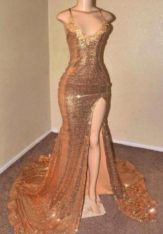 Spaghetti-Straps Gold Sequin Slit Prom Dresses