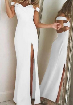 Off the Shoulder White Split Stain Prom Dress