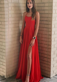 Simple a line red chiffon long prom dress
