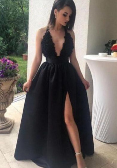 A Line Deep V Neck Black Prom Dresses with Appliques Lace