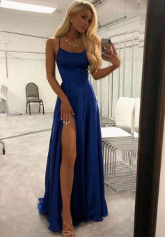 Spaghetti Straps Royal Blue Prom Dresses With Split Front