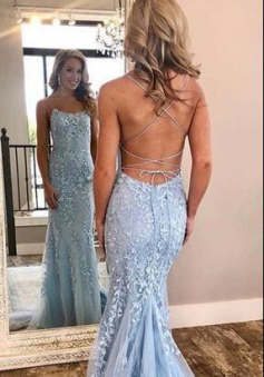 Mermaid Light Sky Blue Lace Prom Dresses