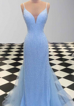 Sparkly Glitter A Line Blue Tight Evening Dress