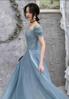 Floor Length A Line Long Tulle Prom Evening Dresses