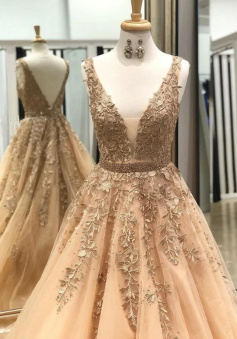 A Line Champagne Lace Popular Evening Dress