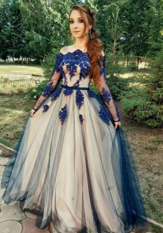 A Line Navy Blue Lace Tulle Formal Prom Dress With Long Sleeves