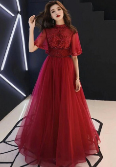 A Line Burgundy Tulle Lace Long Prom Dress With Mid Sleeve