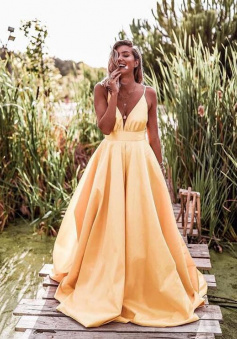 Spaghetti Straps V-neck Yellow Sexy Long Prom Dress