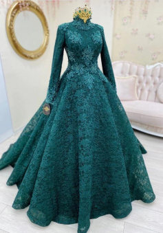 High Neck Teal Green Saudi Arabic Evening Formal Prom Dress Long Sleeve