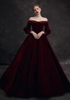 A Line Burgundy Velvet Long Prom Dress