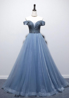 Unique A Line blue tulle long prom dress with beads