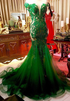 Mermaid Green tulle lace long formal dress