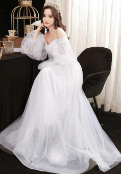 Simple a line white tulle off shoulder prom dress