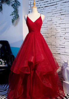 A Line Burgundy v neck tulle long formal prom dress