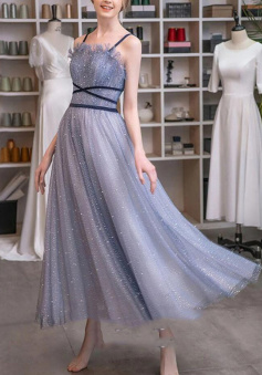 A line tulle tea length prom dress
