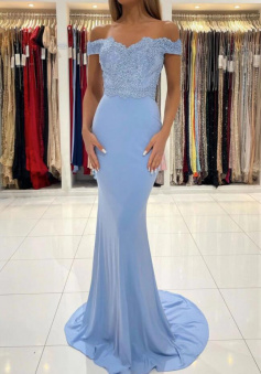 Mermaid Blue chiffon lace long prom dress