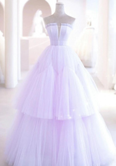 A line Purple tulle long prom evening dress