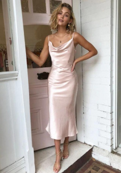 Simple Blush Pink Satin Tea Lenth Prom Dress