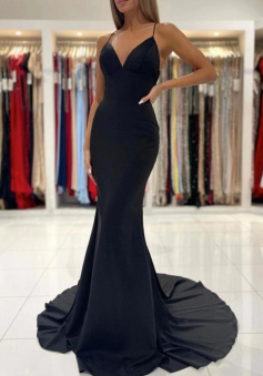 Mermaid black backless long evening dress