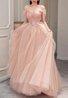 A Line Offf Shoulder Pink sweetheart tulle long prom dress