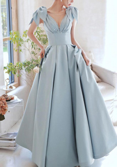 A Line Blue V Neck Satin Blue Evening Dresses