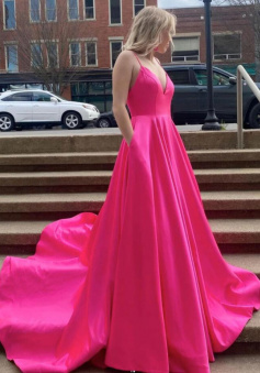 Simple pink v neck satin long prom dress