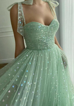 Green tulle tea length prom dress