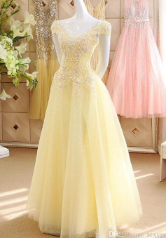 Off The Shoulder Yellow Tulle Lace Prom Dress