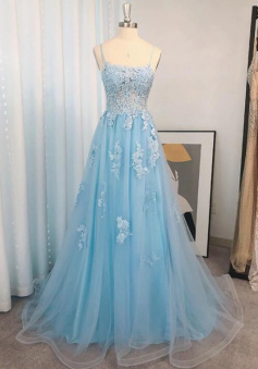 A Line Sky Blue Tulle Prom Dresses With Lace Applique