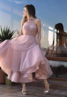 A Line Halter Pink Tulle Tea Length Prom Dresses