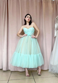 Mint Green Sweetheart Tea Length Tulle Prom Dresses