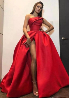 Sexy One Shoulder Slit Red Satin Formal Prom Dress