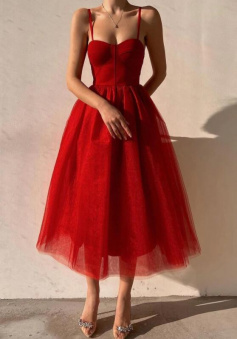 A Line Tulle Red Short Prom Dress with Double Straps