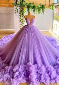 Luxury Tulle Tiered Crystals Lavender Prom Dresses