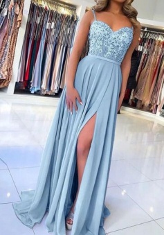 Spaghetti Straps Light Blue Chiffon Prom Dresses