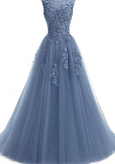 A Line Floor Length Tulle Prom Dresses With Lace Appliques